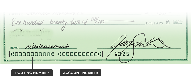 Image of routing number and account number on check