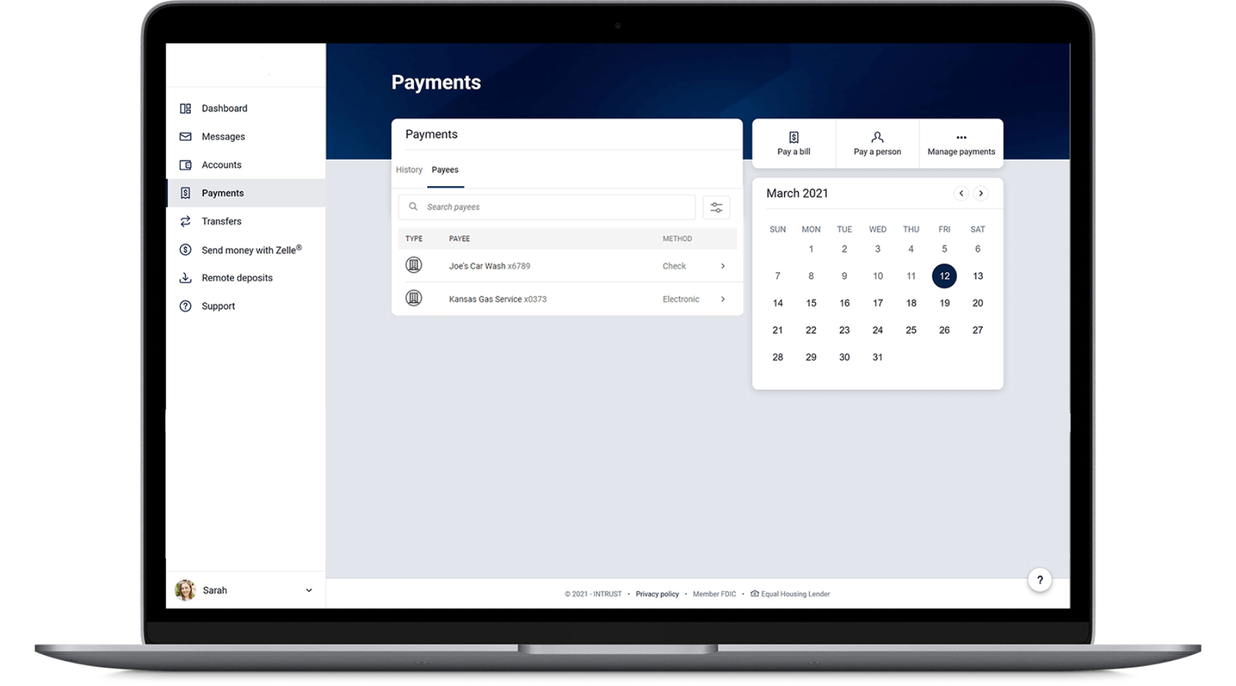 The Payments screen of Webster International Personal Online Banking presented on a laptop